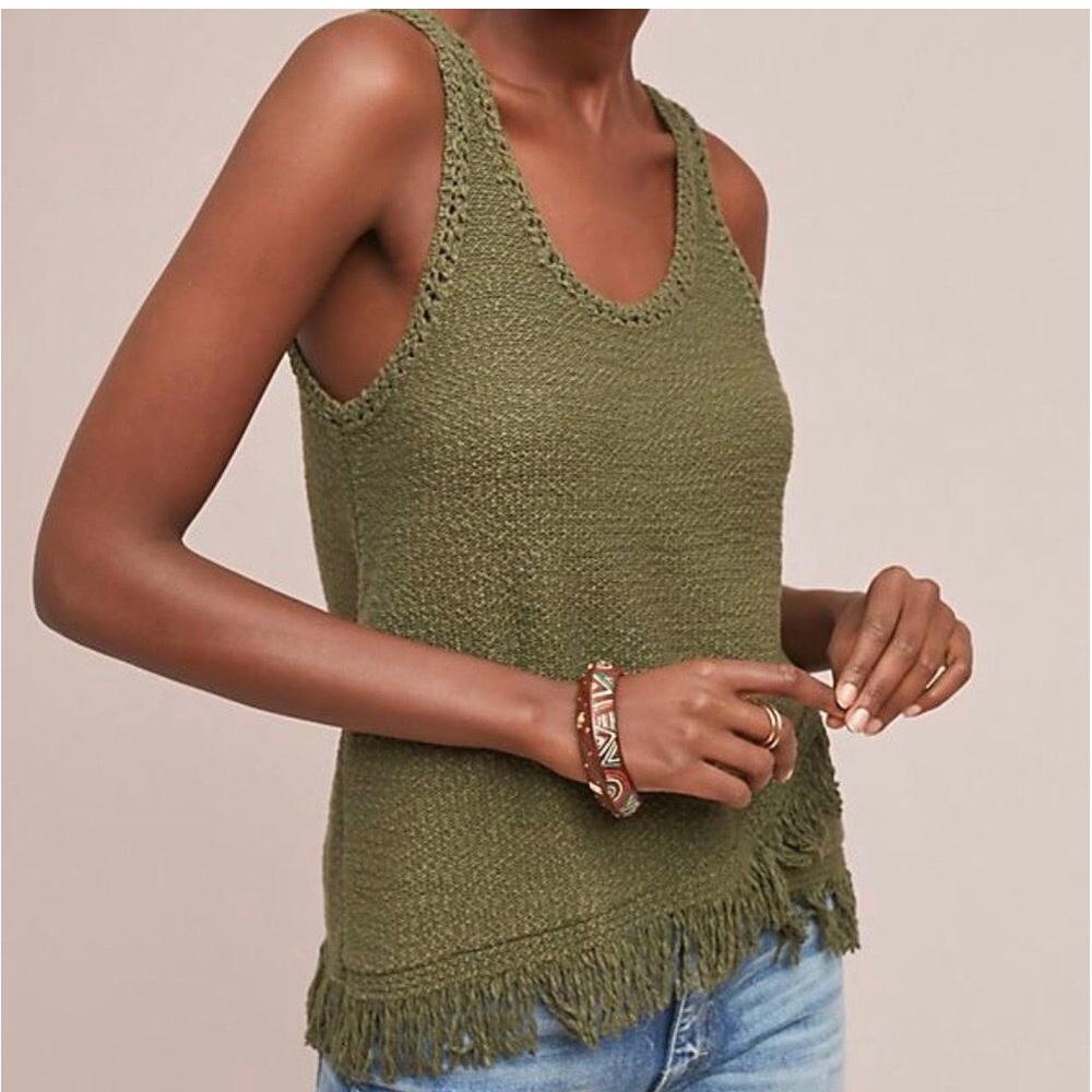 Anthropologie Olive Green Knit Tank with Fringe - XS